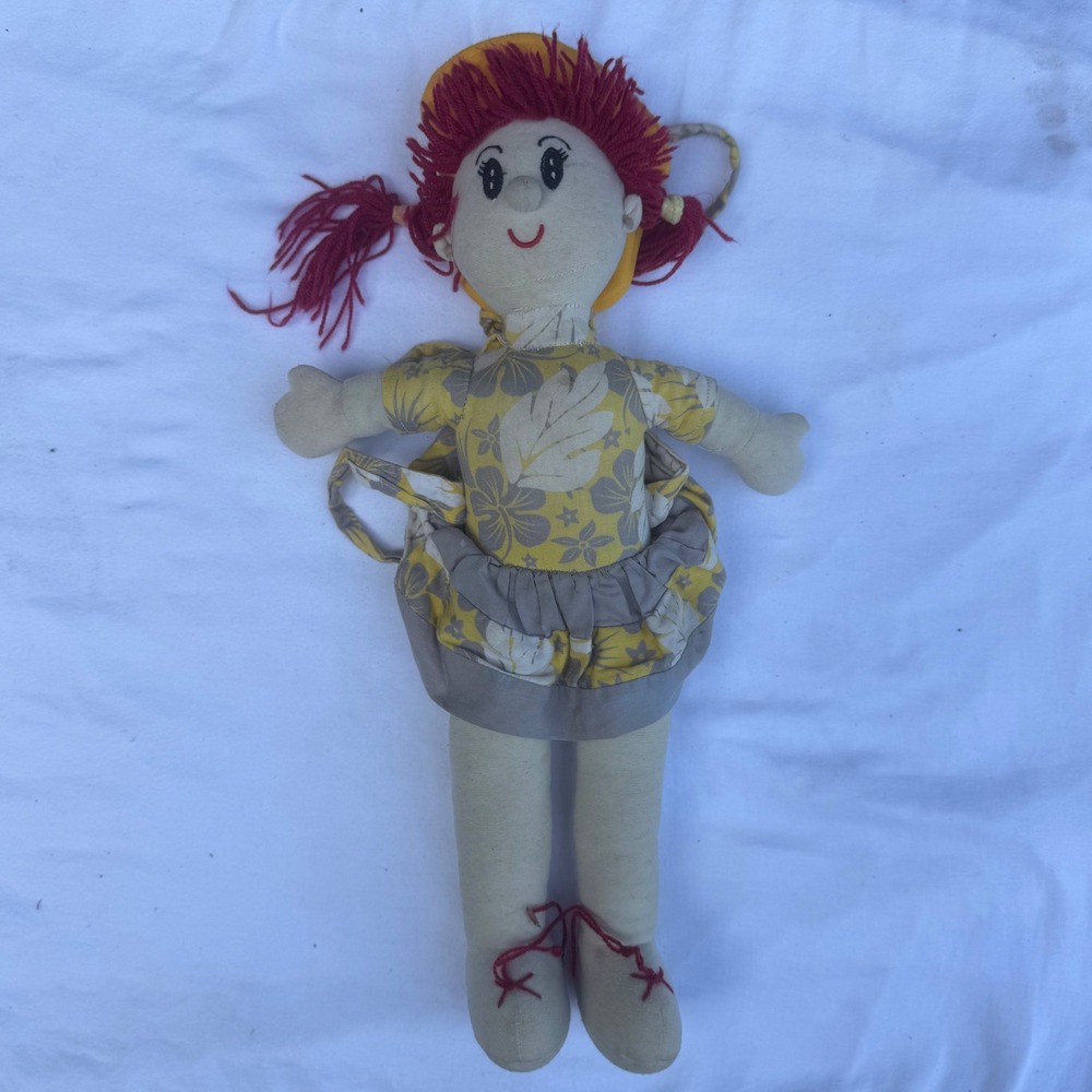 Vintage Handmade Rag Doll Yellow Hat Dress Red Hair Cute Toy Gift Decor